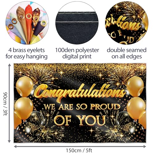 Congratulations Banner - Graduation Decorations for Prom - You Did It - Well Done - We Are So Proud of You - 5x3ft (Black and Gold)