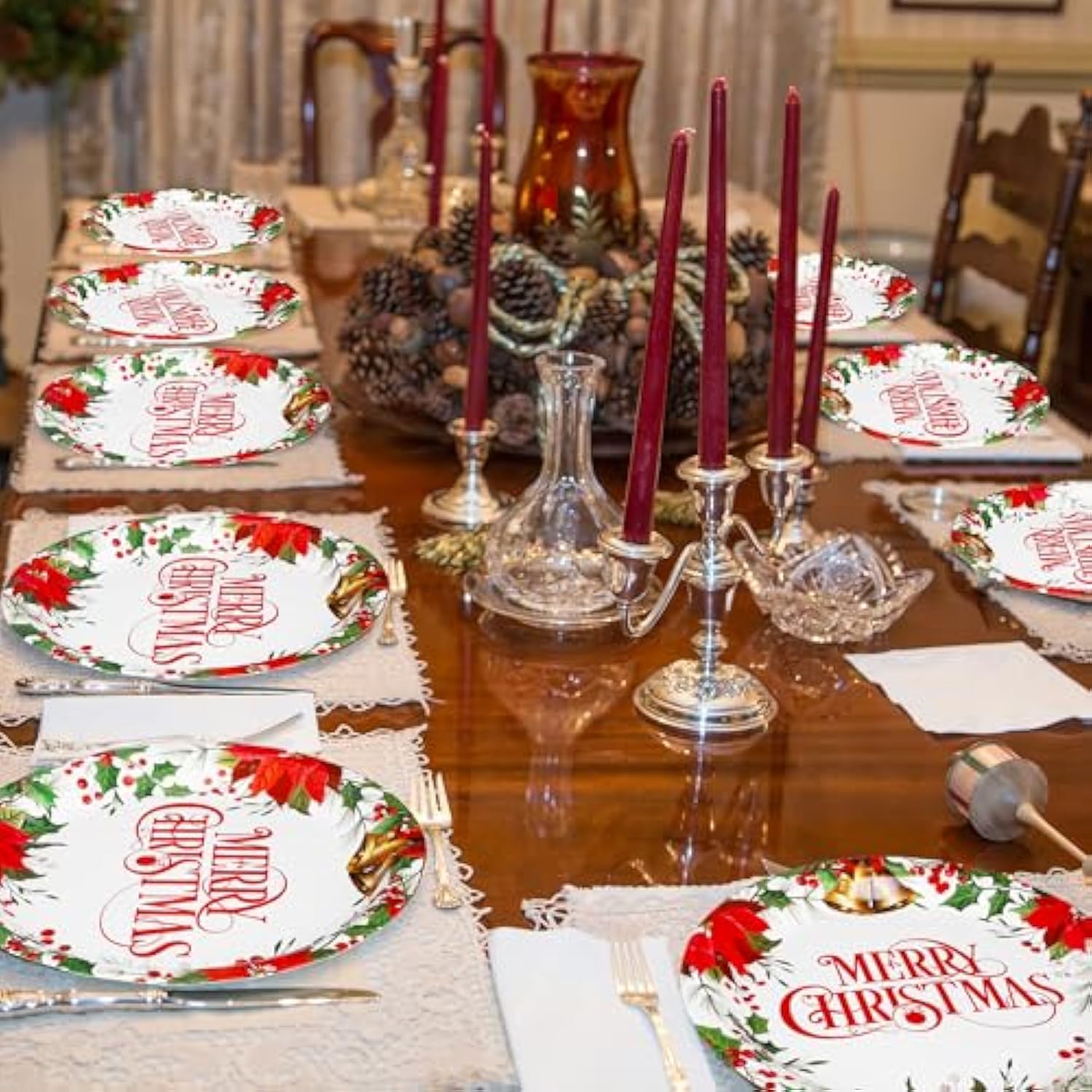 50 Pcs Christmas Paper Plates, 9'' Christmas Party Plates, Disposable Holly Poinsettia Design Merry Xmas Holiday Dinnerware For Xmas Party Supplies Winter Decorations