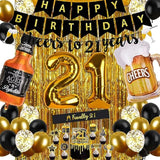 21St Birthday Decorations For Him, Happy Birthday Decorations Black And Gold 21 Birthday Decor With Happy Birthday Banner, Fringe Curtain, Confetti And Latex Balloons