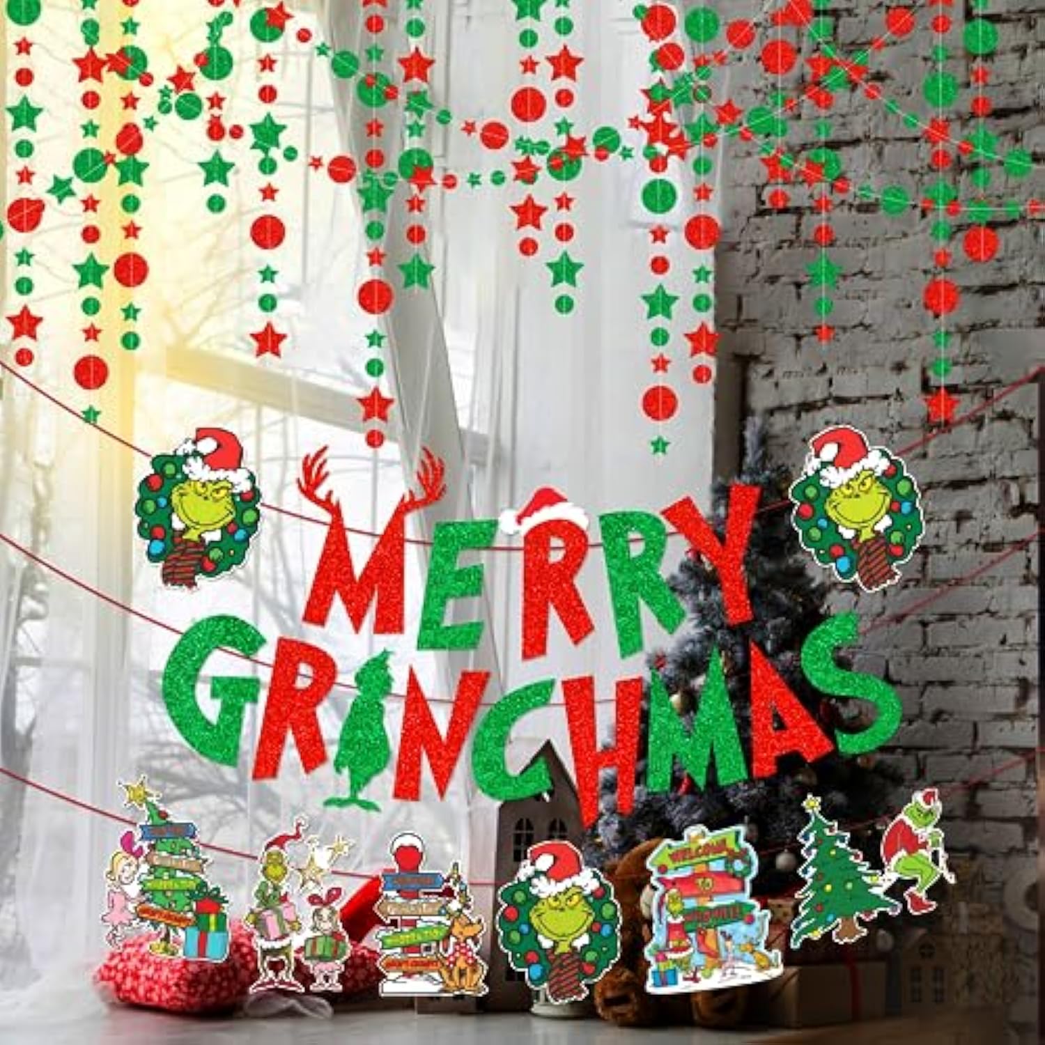 Merry Christmas Banner And Hanging Swirls Green Monster Themed Christmas Party Decorations