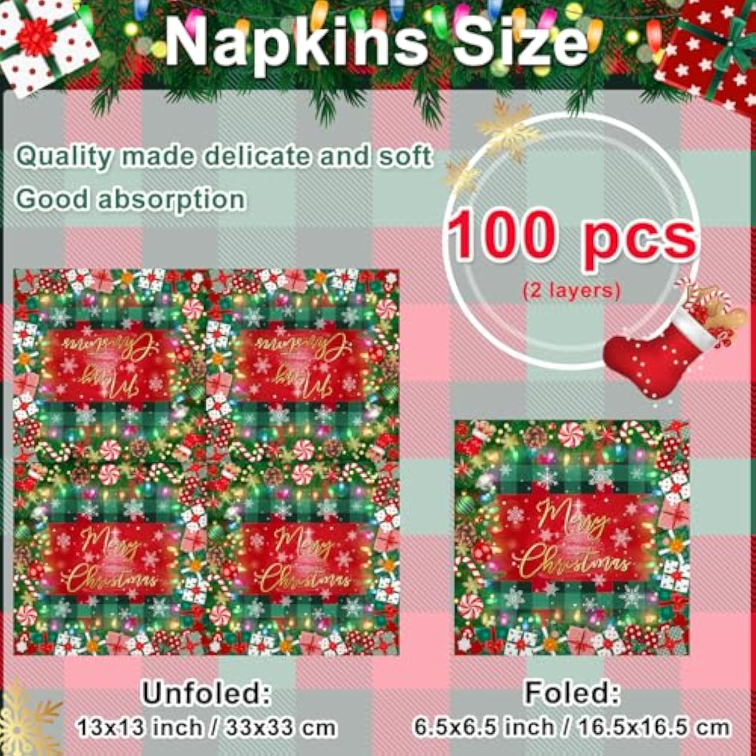 100 Pcs Christmas Paper Napkins 6.5 X 6.5" Disposable Holiday Napkins Set Merry Christmas Party Decorations