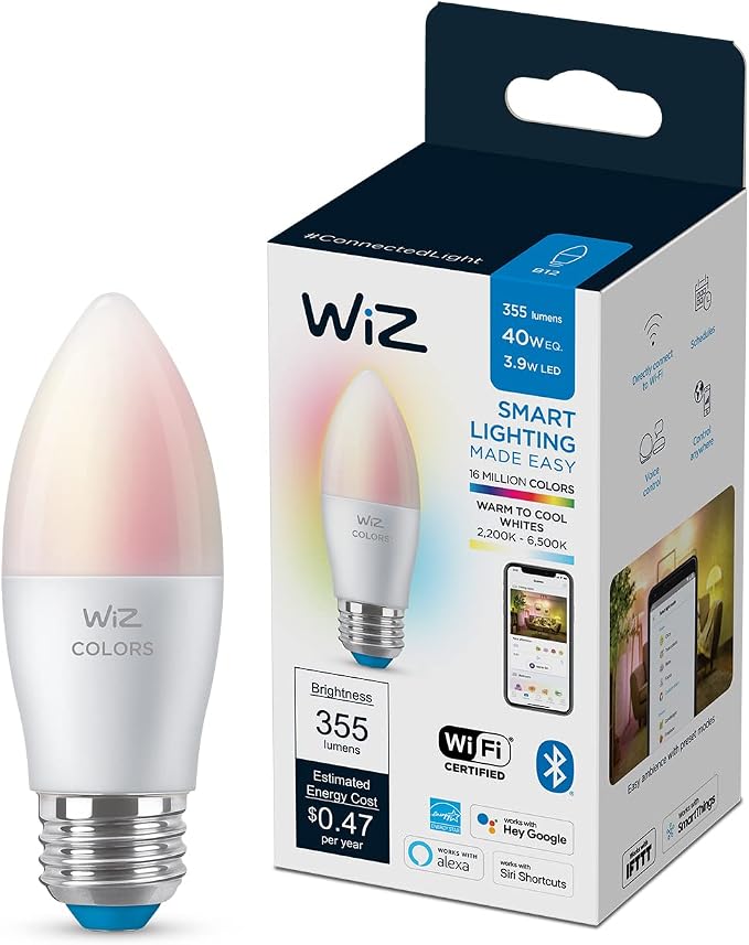 60W B12 Color LED Smart Candle Shaped Bulb E26 WiZ Remote Compatible RGB and Tunable White