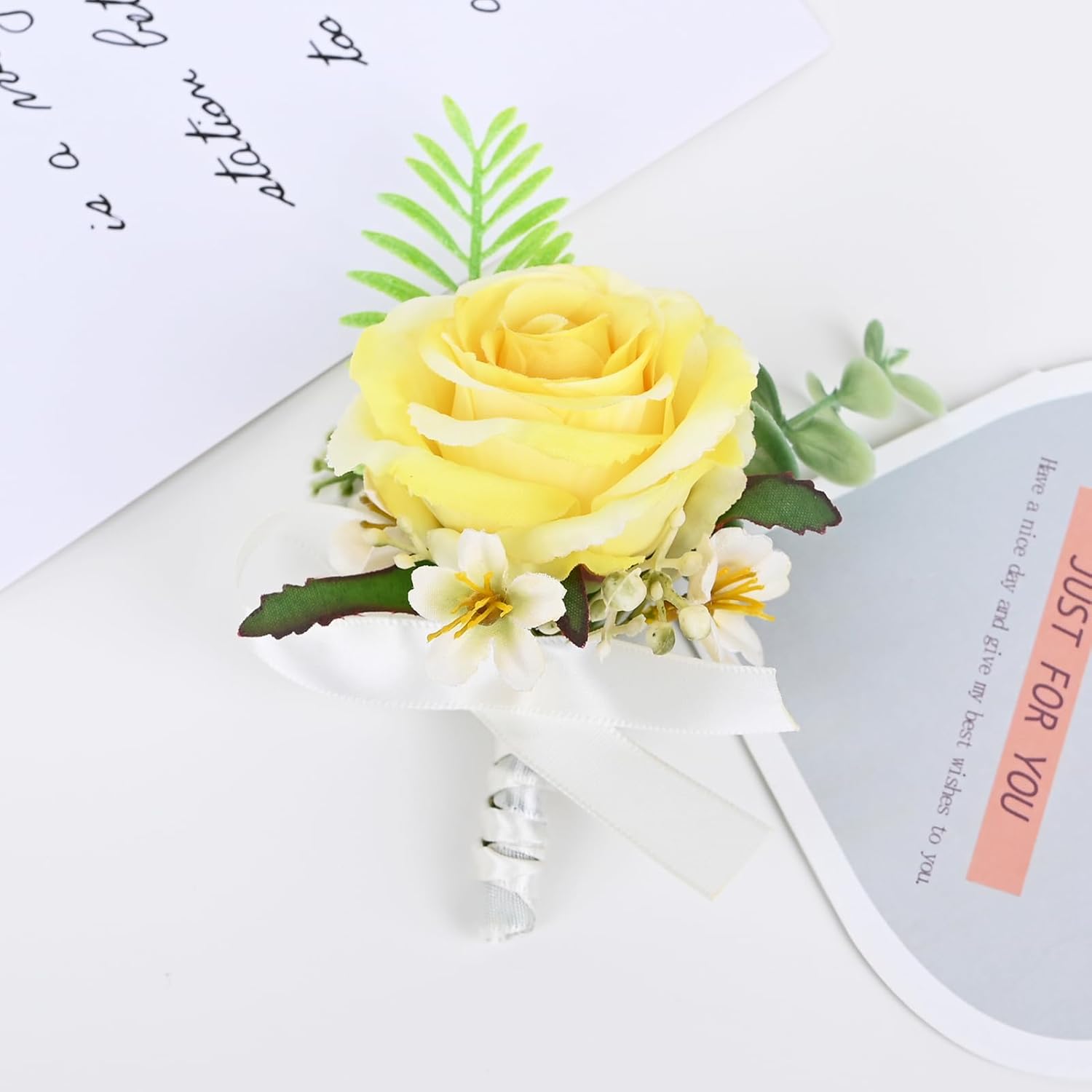 2 Pieces Artificial Flower Wrist Corsage And Boutonniere Set, Groom Groomsmen Bride Bridesmaids Wedding Accessories Prom Party Suit Decorations - Yellow