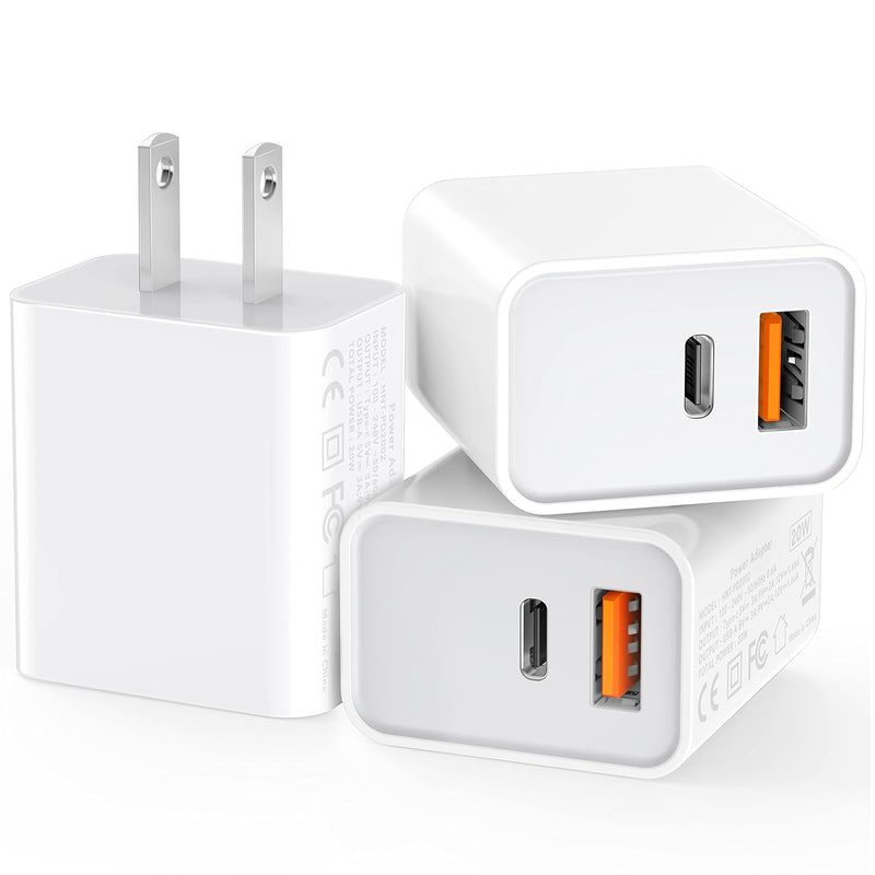 30W USB C Fast Charger, 3-Pack Dual Port PD+QC Adapter for iPhone & Samsung