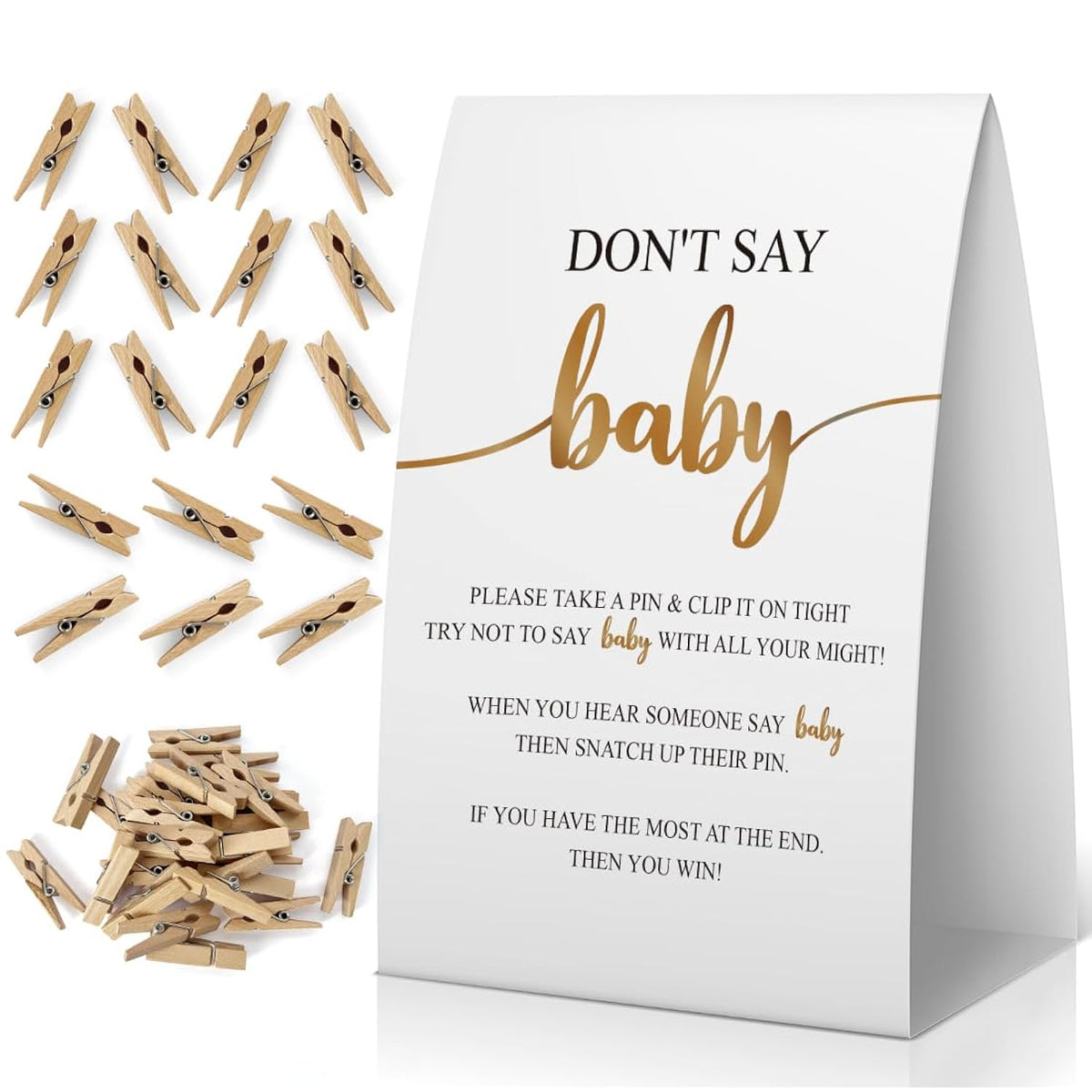 Don'T Say Baby Baby Shower Game, Baby Shower Decorations, Gold & Black Don'T Say Baby Sign, Fun Baby Shower Games, Clothespins For Baby Shower-Dsba32