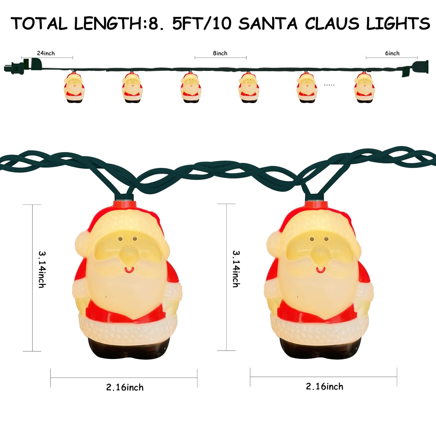 Christmas Santa String Lights - 8.5Ft Santa Claus Decorations With 10 Led Lights For Xmas Tree, Home, Garden, Party & In