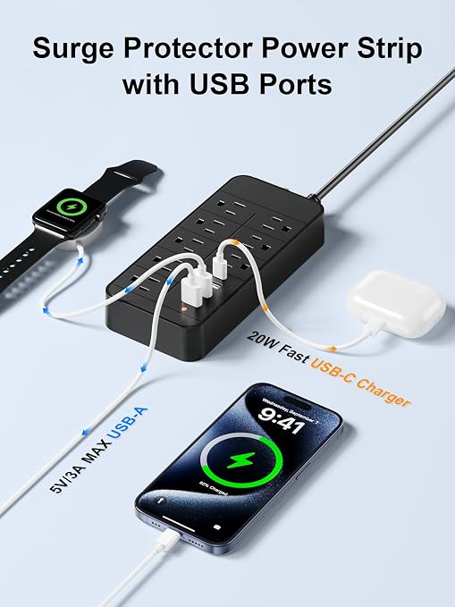 8 Outlet Surge Protector Power Strip 1 USB C 3 USB A 5FT Cord 20W