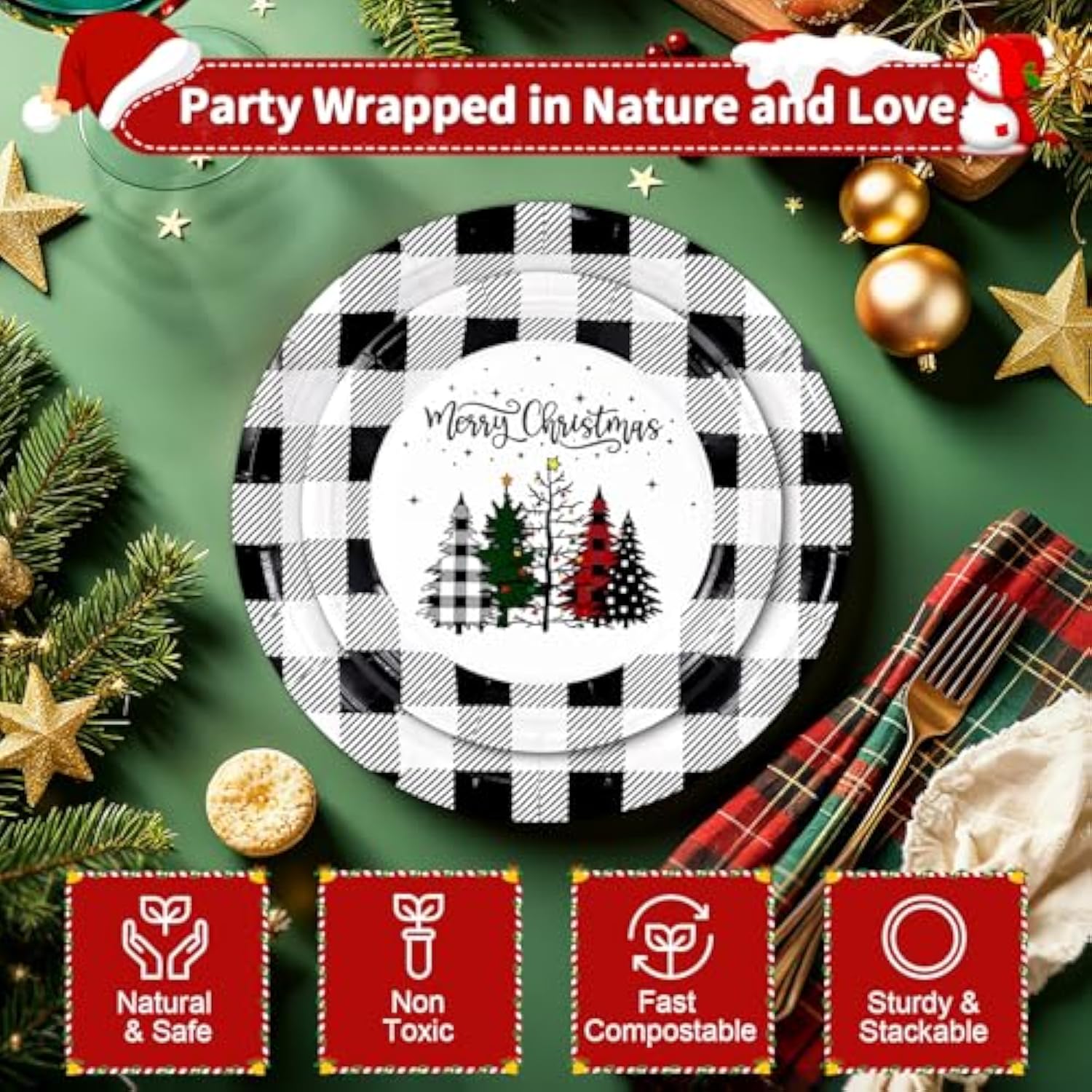 50 Christmas Paper Plates Disposable Set Includes 25-9" & 25-7" Xmas Buffalo Plaid Dessert Dinner Plates For Party Supplies(Black,White,Plaid)