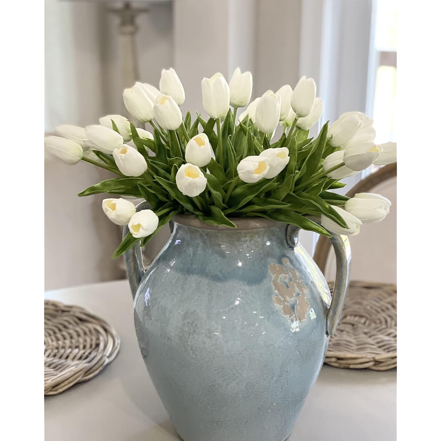 White Tulips Artificial Flowers 18Pcs Faux Silk Tulip Real Touch Tulip Fake Flowers Bouquets Arrangements For Mother'S Day Easter Spring Flowers Gifts Home Table Decor