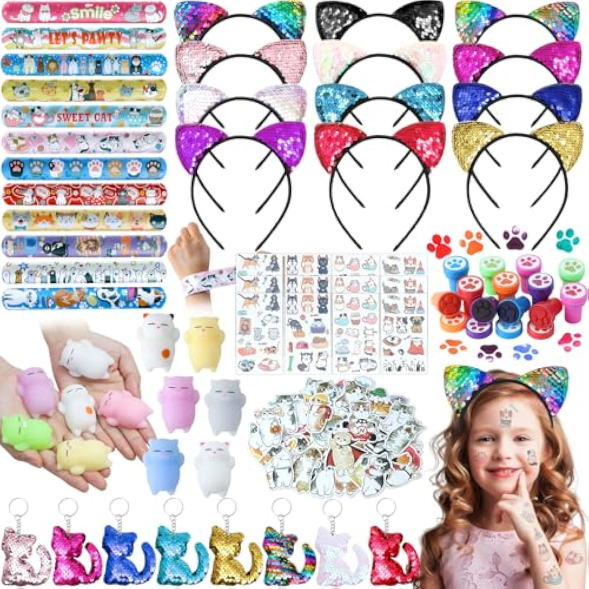 Cat Party Favors Birthday Supplies For Girls Sequin Headband Squishy Toy Keychain Tattoo Sticker Stamper Slap Bracelet Cat Sticker Goodie Bag Stuffer Kids Cat Birthday Party Supplies Decorations