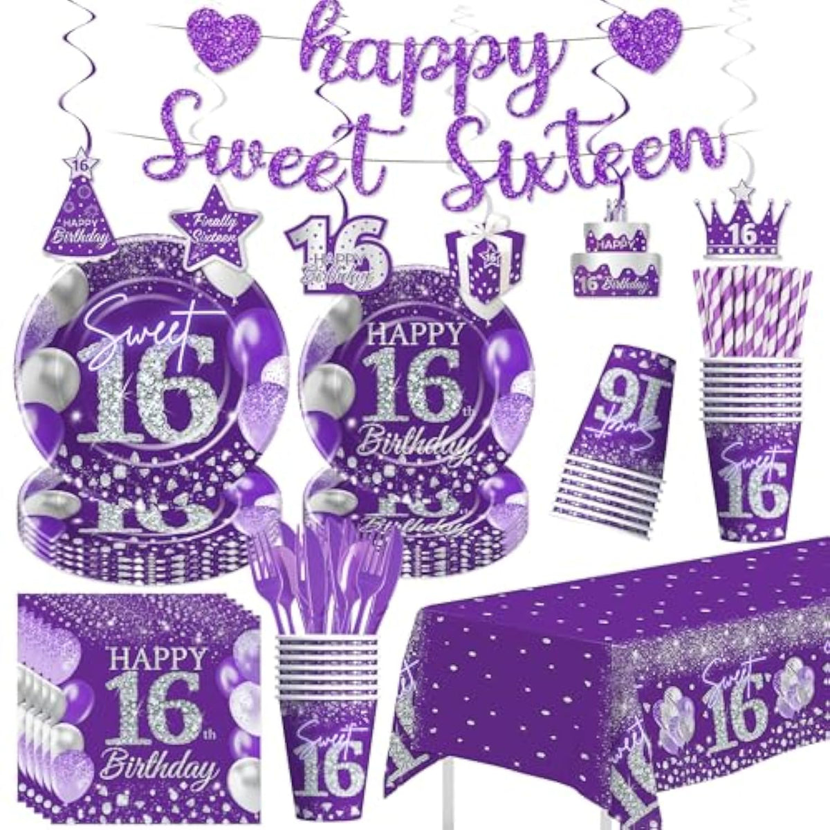 Sweet 16 Birthday Decorations Girls, Purple 16Th Birthday Party Supplies, Paper Plates And Napkins Set, Cups, Tablecloth, Banner, Swirls, Happy Sweet Sixteen Table Decorations, Serves 24