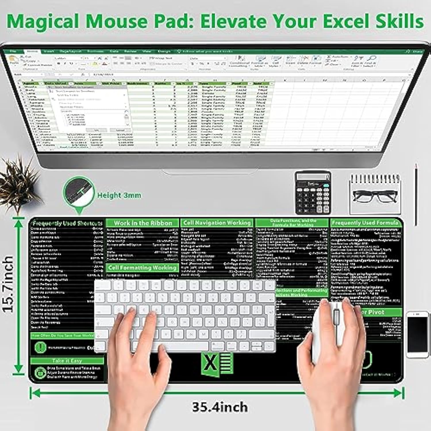 Excel Cheat Sheet Desk Pad, Upgraded Pro Version, Excel Shortcuts Mousepad Stitched Edges, Nonslip Base Keyboard Mats, Xxl Giant Mouse Pads For Desk, 35.4”X15.7”, Back To School