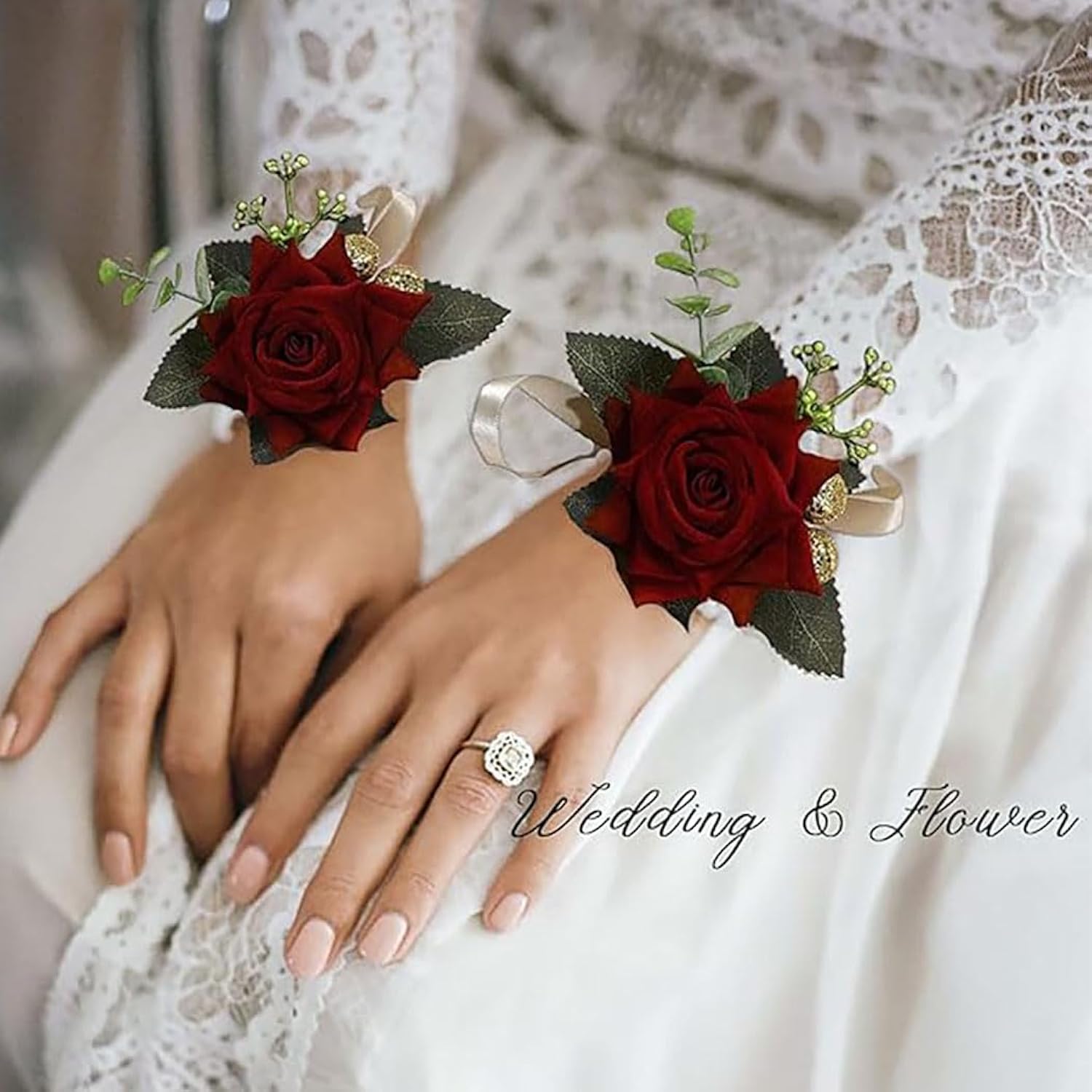 Red Rose Wrist Corsage, Gold-Accented Artificial Flowers With Satin Ribbon, Wedding And Prom Formal Wear