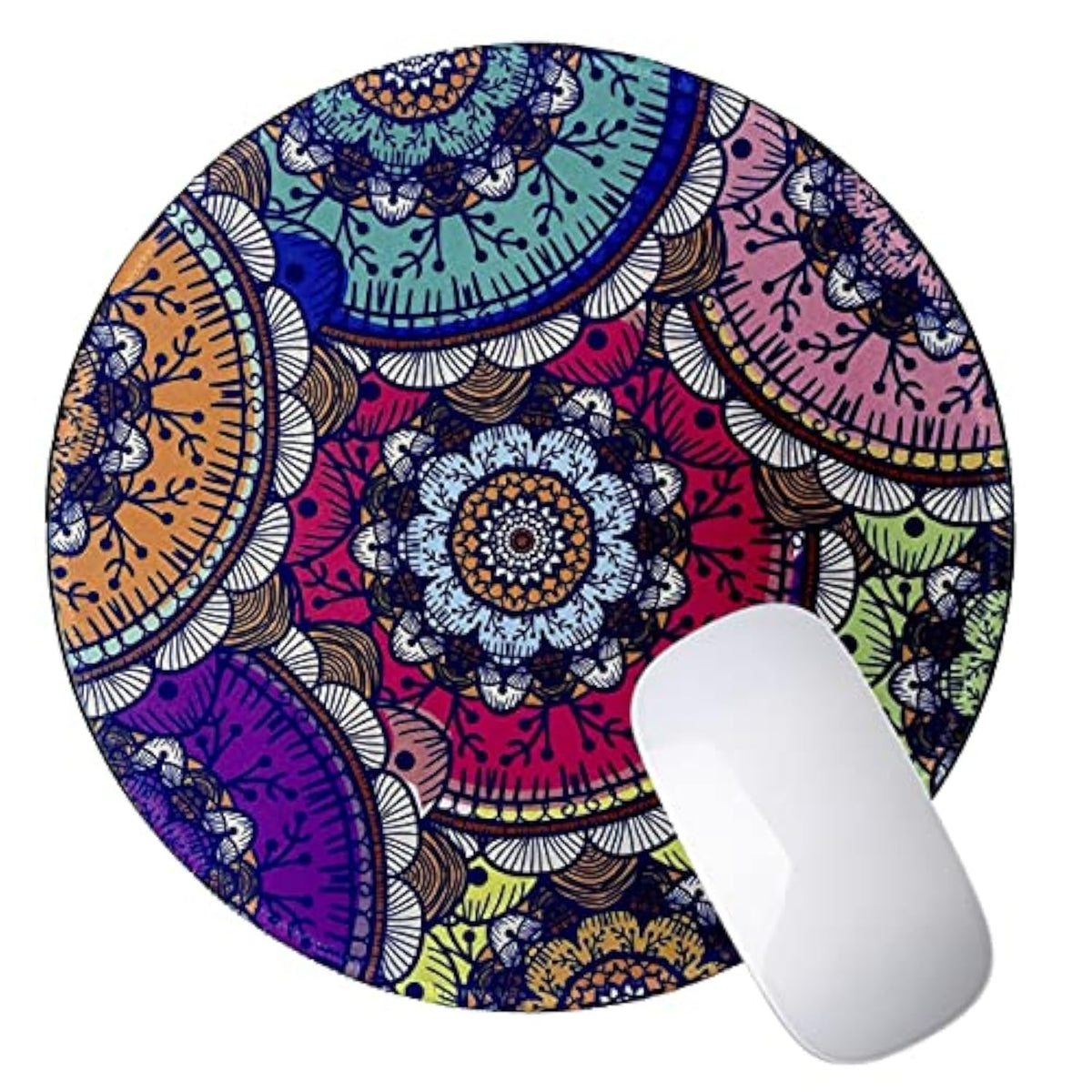 Round Mandala Colorful Design Mouse Pad - 9" Diameter, 3Mm Thick Non-Slip Rubber Base, Stitched Edge - Computer Gaming Desk Accessories For Home Office