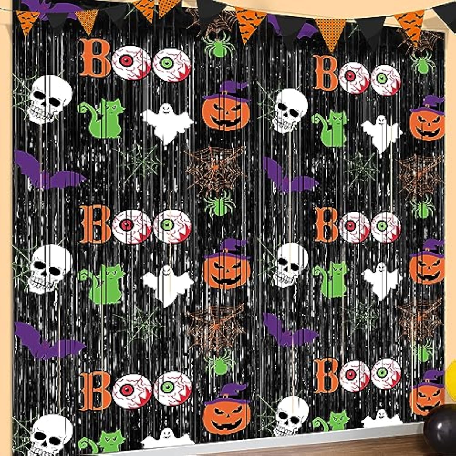 2 Pack Scary Black Halloween Foil Fringe Curtains 3.3x6.6ft Party Photo Backdrop