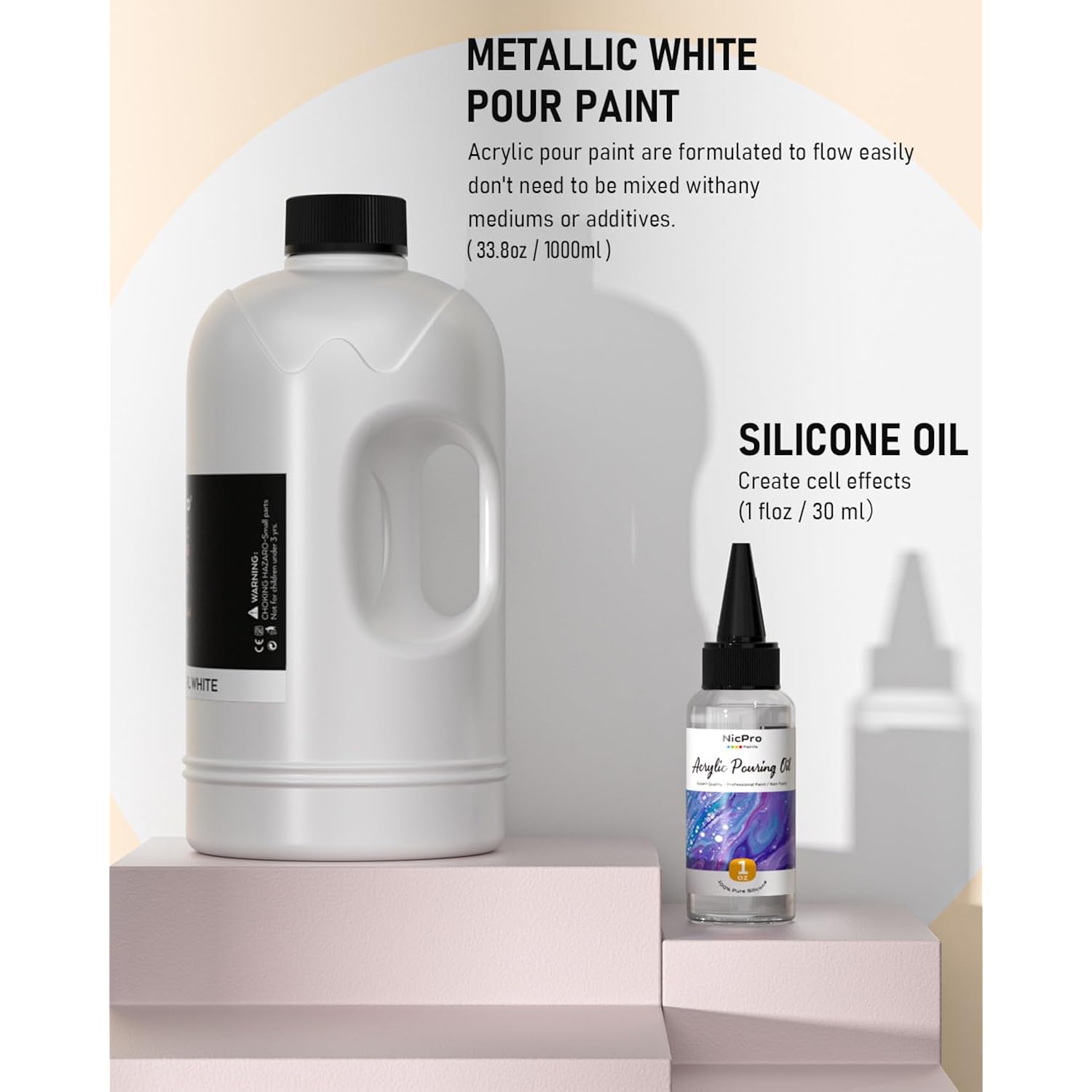 White Metallic Pearl Color Acrylic Pour Paint, 33.8 Ounce Pre-Mixed Pouring Paint Supplies With Silicone Pour Oil, Gloves For Canvas, Rock, Wood Cell Creation Flow Diy Art Painting, Ready To Pour