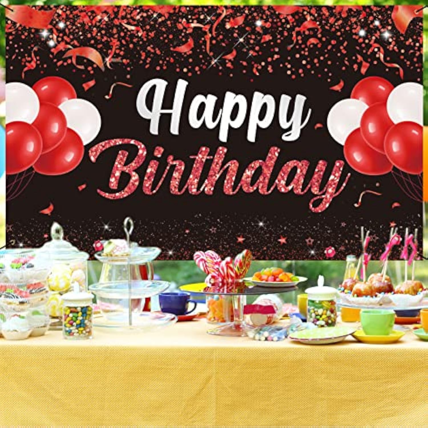 Red & Black Happy Birthday Backdrop Banner for Party Photos