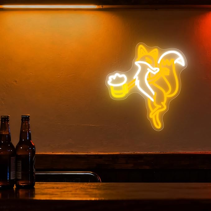 Fox Beer Neon Sign Dimmable LED Animal Wall Light for Home Bar Man Cave Party Decor