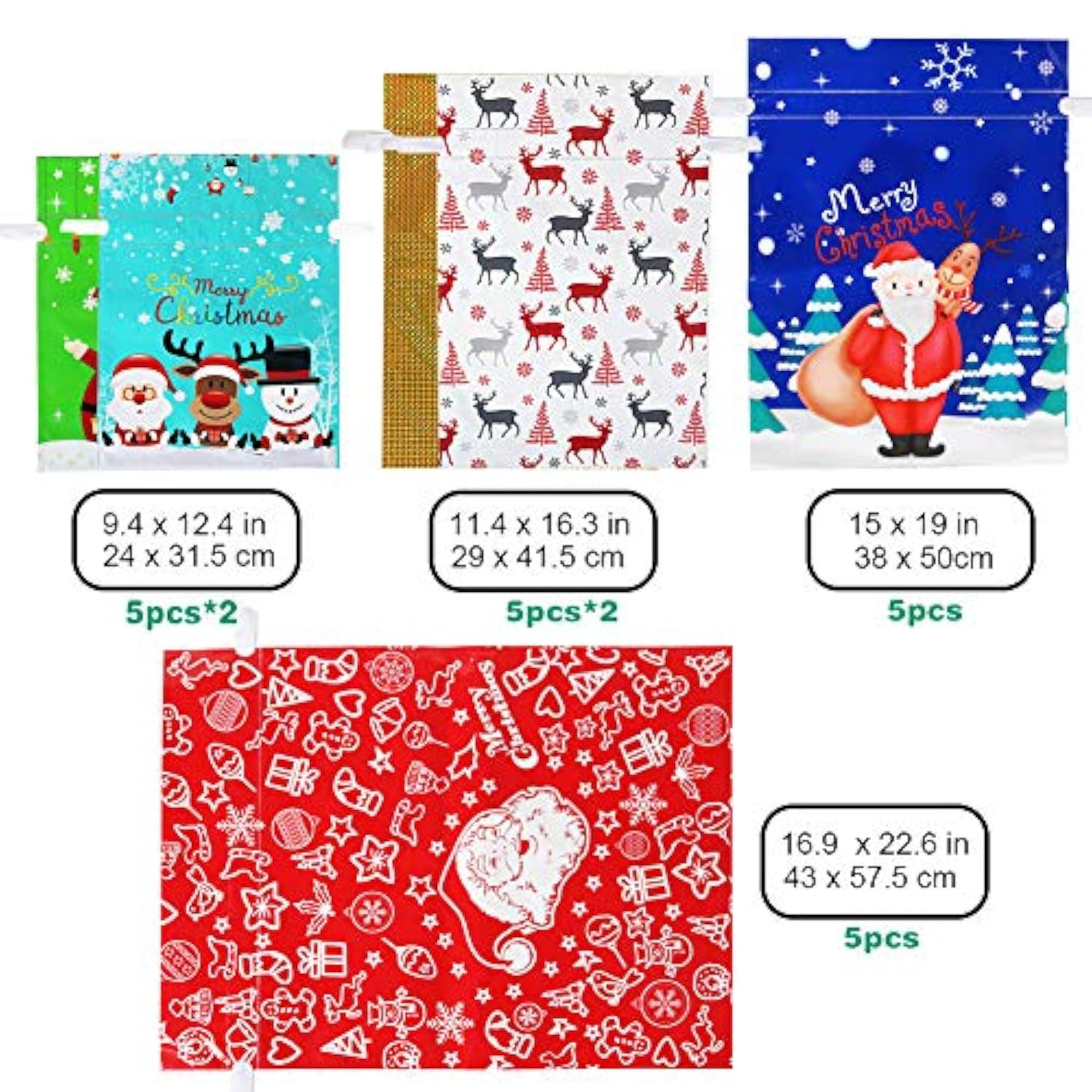 Holiday Drawstring Gift Bags, 30Pcs Christmas Foil Gift Wrapping Sacks Pouches For Xmas Presents Party Favor (Large Medium Small)