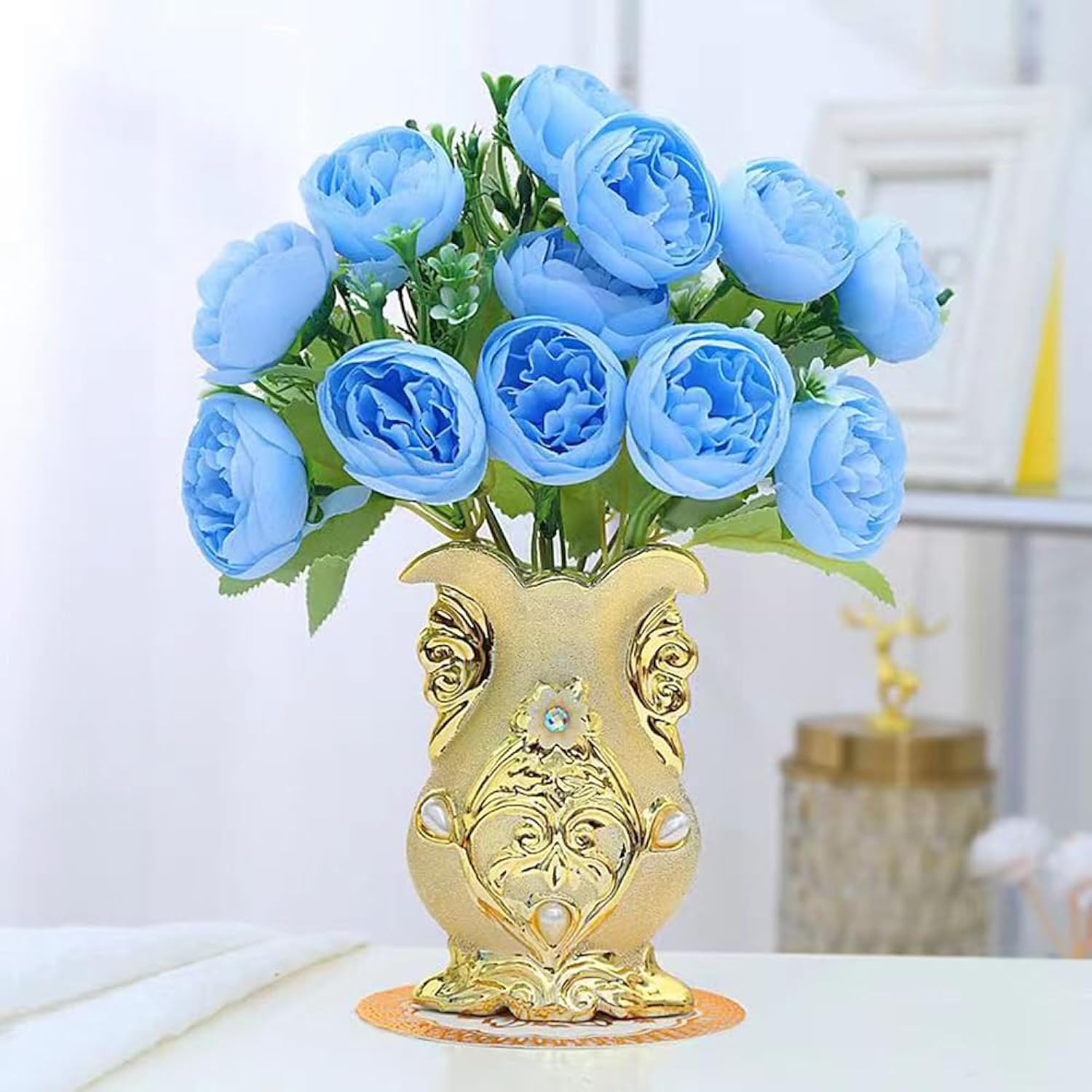 Fake Flowers In Vase,Mini Artificial Flower With Golden Ceramic Vase,Small Silk Roes Faux Flower Arrangements For Home Office Dining Table Centerpiece Coffee Table Decor (C Style,Blue-Bud)