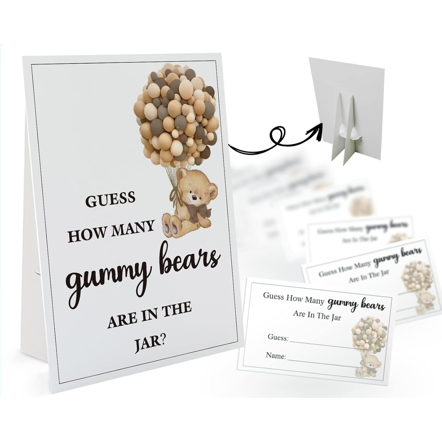 How Many Gummy Bears Are In The Jar - 1 Standing Sign And 50 Guessing Cards, Bear Balloon Themed Baby Shower Game For Boys Girls, Birthday Party Supplies And Decorations-02