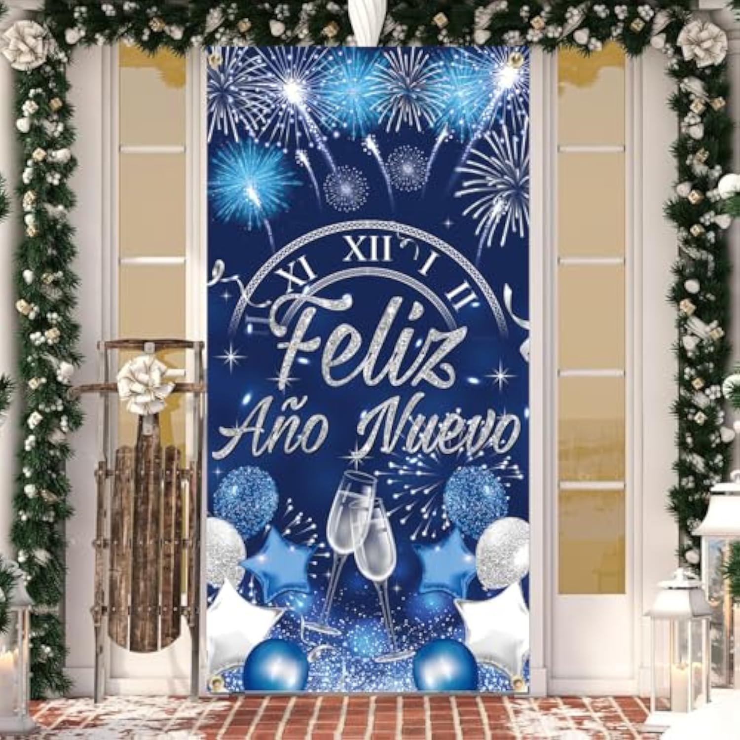 Feliz Año Nuevo 2026 Door Banner Blue Fireworks Party Decoration