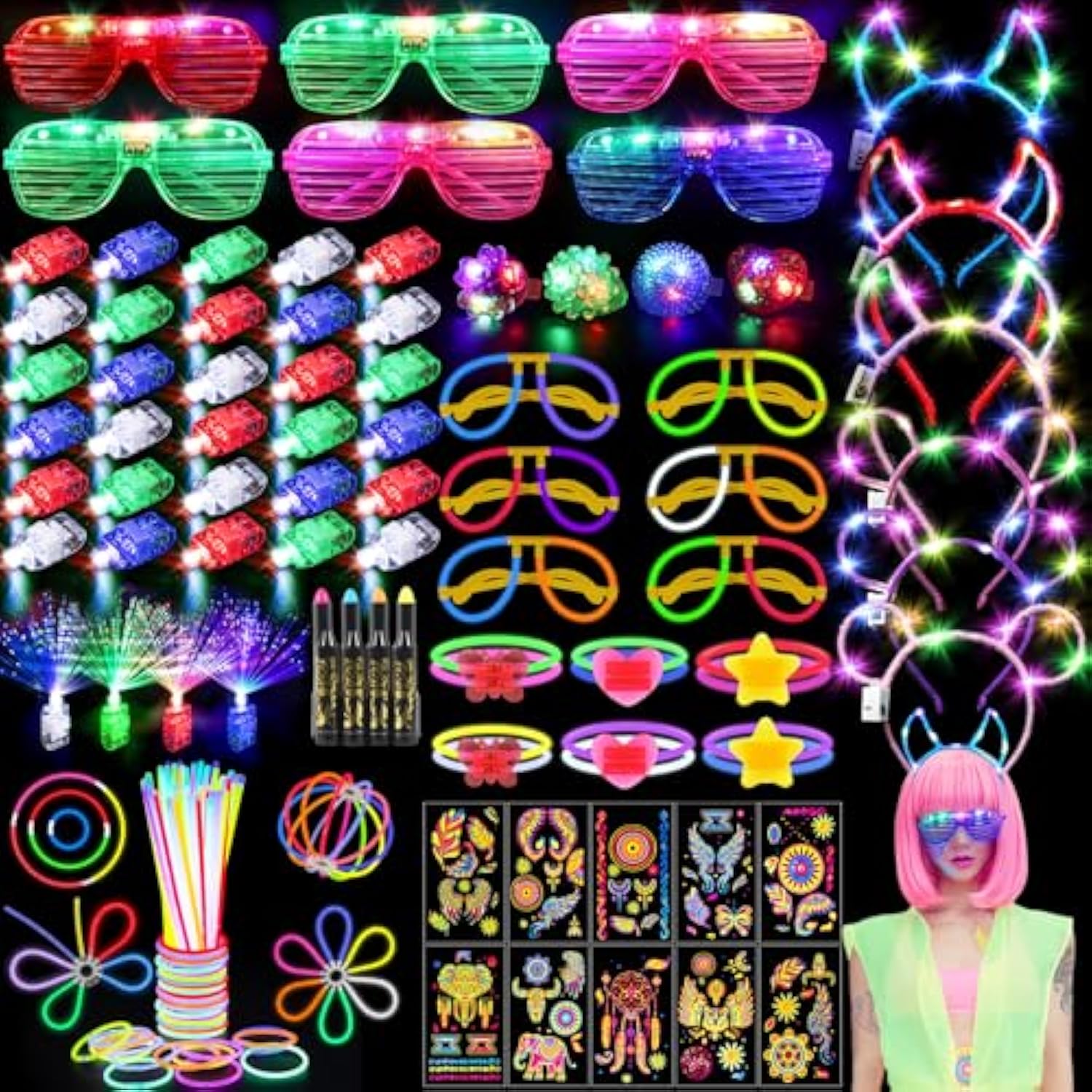 130Pcs Glow In The Dark Party Supplies For Kids Adults, Light Up Party Favors With Led Glasses, Headbands, Finger Lights, Glow Sticks, Temporary Tattoos, Neon Face Body Paint For Halloween, Birthdays