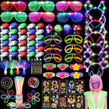 130Pcs Glow In The Dark Party Supplies For Kids Adults, Light Up Party Favors With Led Glasses, Headbands, Finger Lights, Glow Sticks, Temporary Tattoos, Neon Face Body Paint For Halloween, Birthdays
