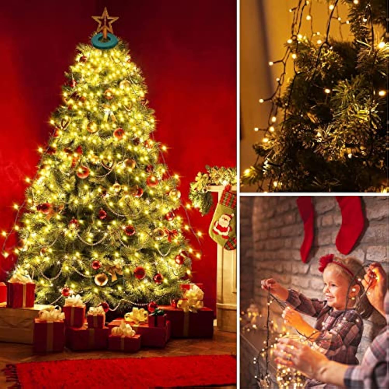 Christmas Tree Lights With Ring,8.2Ft 16 Line 448 Led Green Wire Fairy Waterfall String Lights Plug In,Icicle Twinkle Li