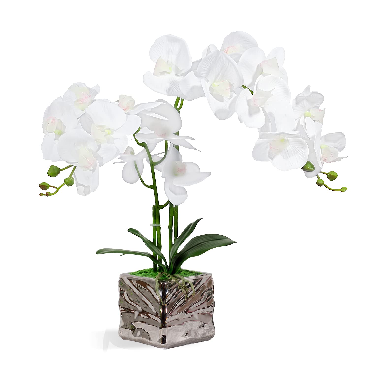 Orchid With Silver Vase Artificial Flowers White Fake Orchid Plant Phalaenopsis Orchid Artificial Arrangements Flower Bonsai With Silver Ceramic Pot For Party Home Decor Table Centerpieces