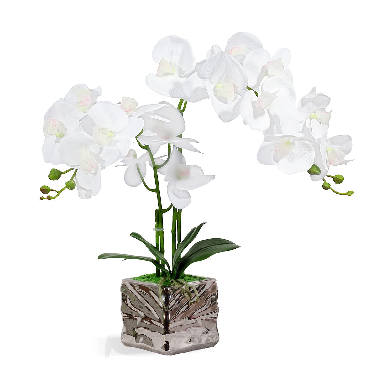 Orchid With Silver Vase Artificial Flowers White Fake Orchid Plant Phalaenopsis Orchid Artificial Arrangements Flower Bonsai With Silver Ceramic Pot For Party Home Decor Table Centerpieces
