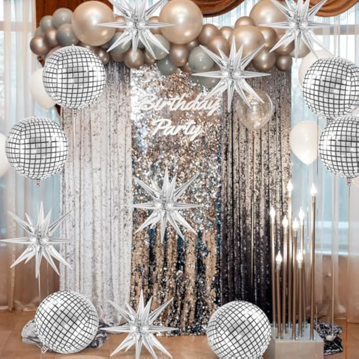 22" Silver Disco Ball & Star Foil Balloons for Birthday, Bachelorette & Holiday Decor
