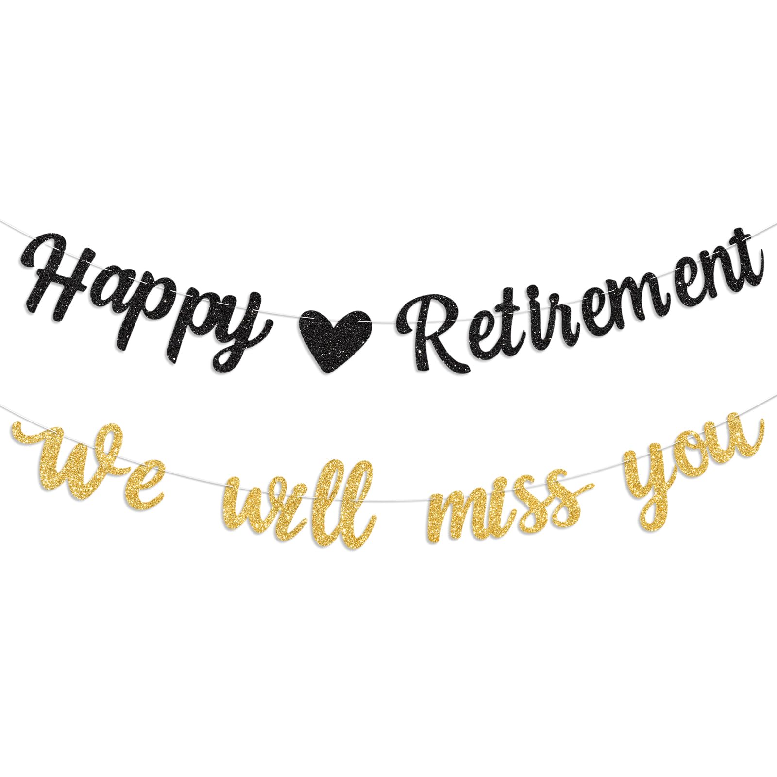 Black Gold Happy Retirement Banner&We Will Miss You Banner Pre Strung Glitter Retirement Party Decorations Retired Sign for Coworker Going Away Farewell Party Supplies Men Women