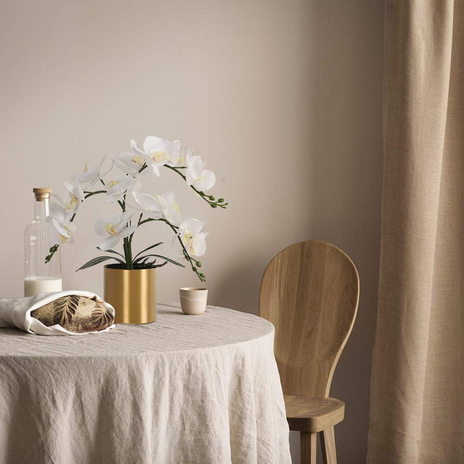 Potted Artificial Orchid Flowers,Real Touch White Fake Artificial Orchid Flower In Gold Vase Arrangement For Table Living Room Decoration (White,Gold Vase)