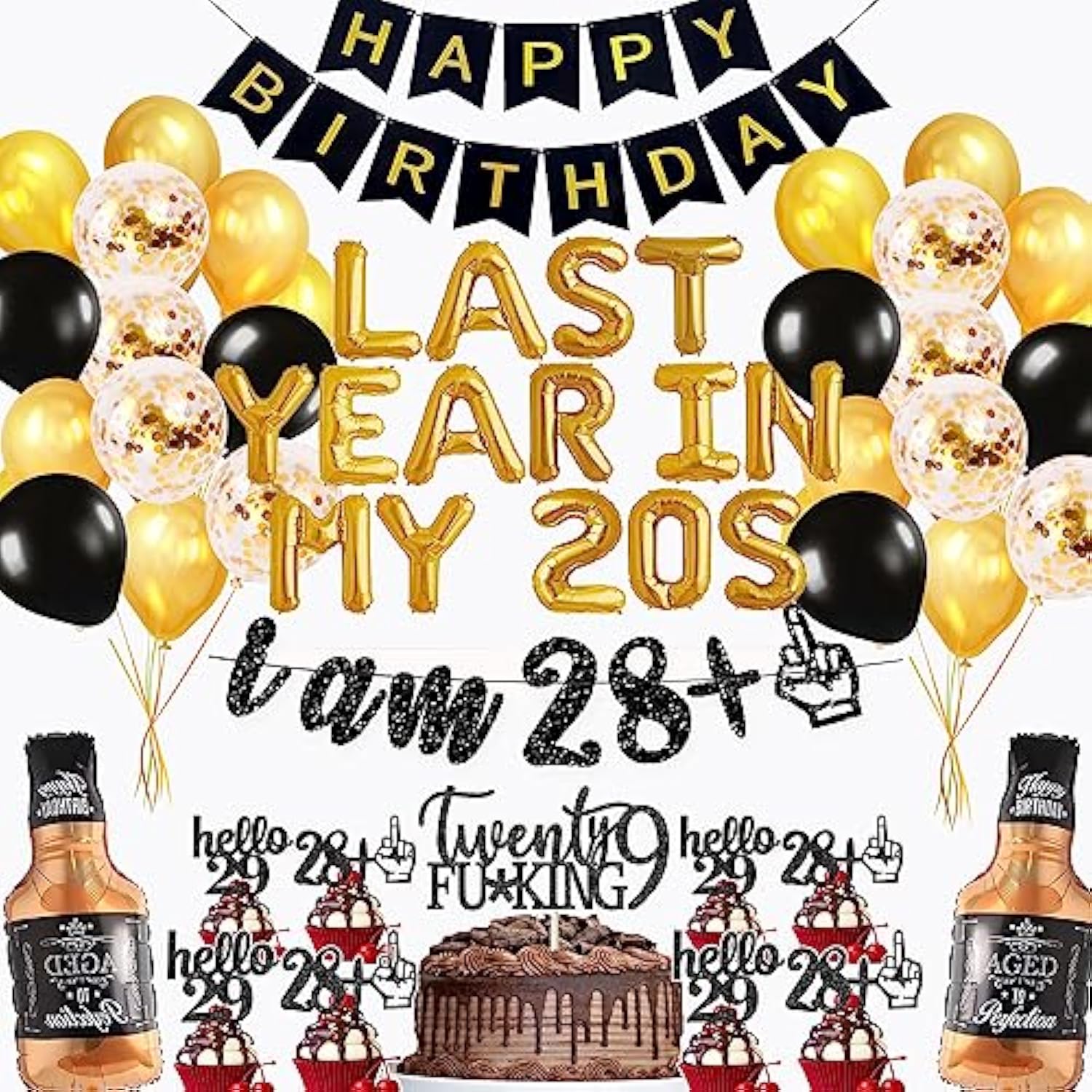 29Th Birthday Decorations Party Supplies For Men Last Year In My 20S Balloons I Am 28+1 Glitter Banner 29Th Birthday Foil Balloons Whiskey Balloon Cake Topper Cupcake Toppers