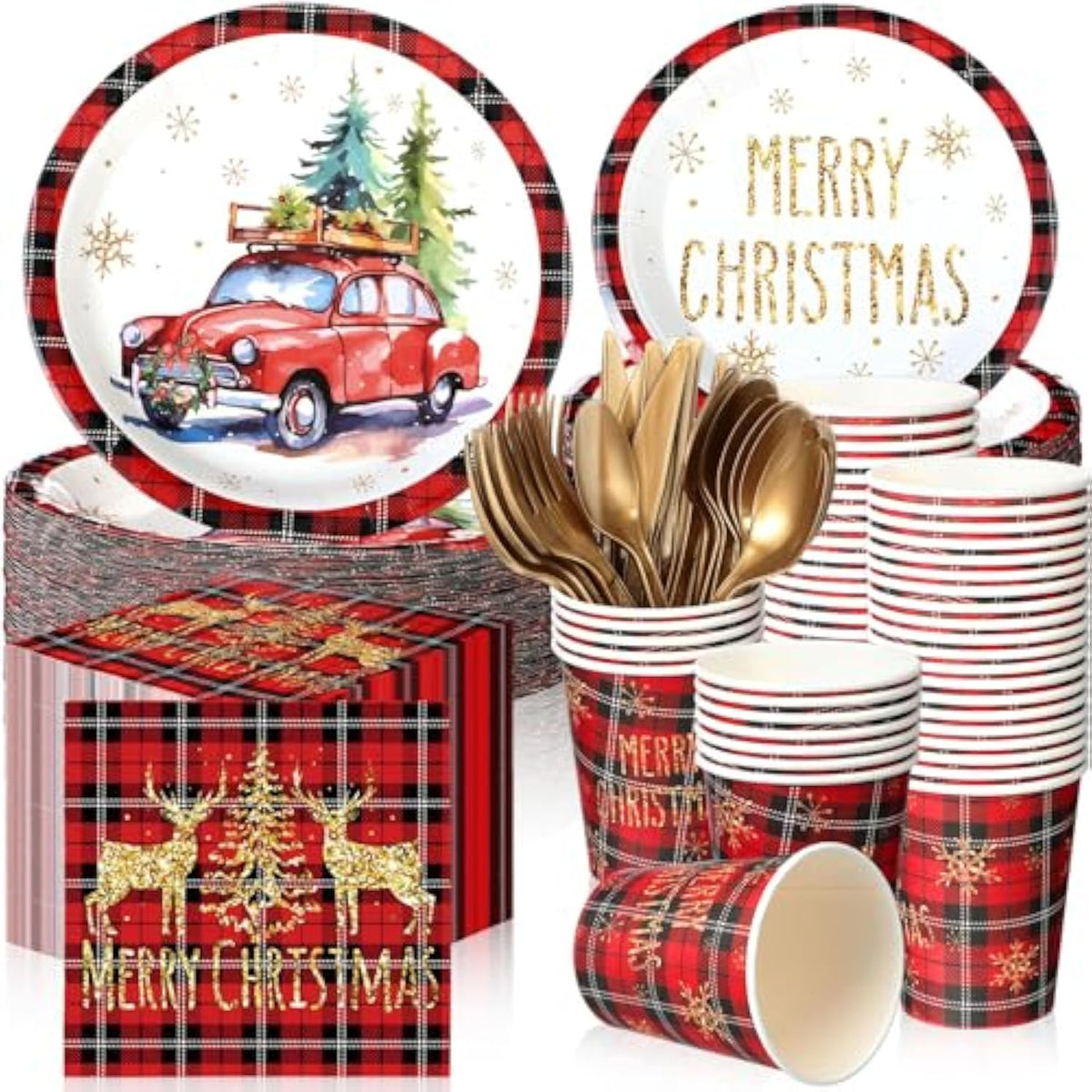 240 Pcs Christmas Paper Plates And Napkins Serve 30 Guests Christmas Party Supplies Disposable Xmas Tableware Set Plates Napkins Cups With Knife Fork Spoon(Red,Plaid Style)