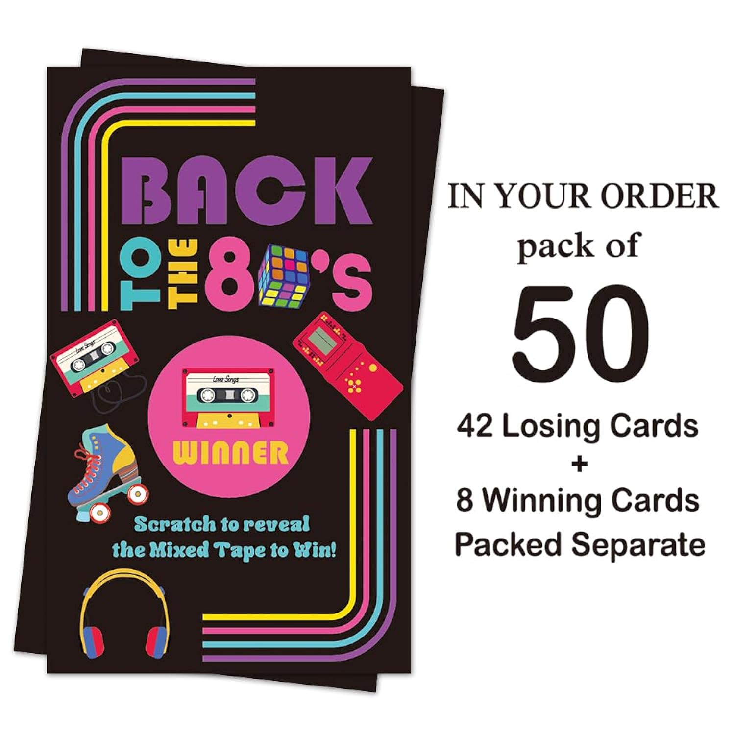50 Pack Back To The 80S Theme Scratch Off, Retro Console Mixed Tape Scratch Card For Baby Shower Birthday Party Lottery Group Game Enterprises Activity, Baby Shower Activity And Idea