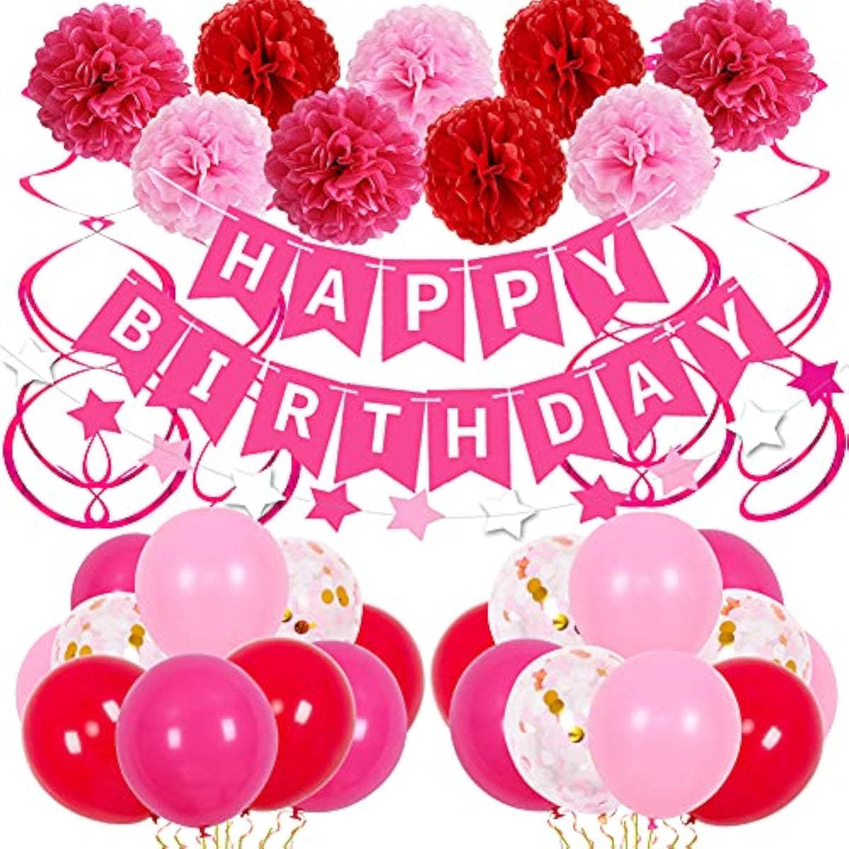37pcs Hot Pink Birthday Kit with Banner, Balloons for Women & Girls' Celebrations