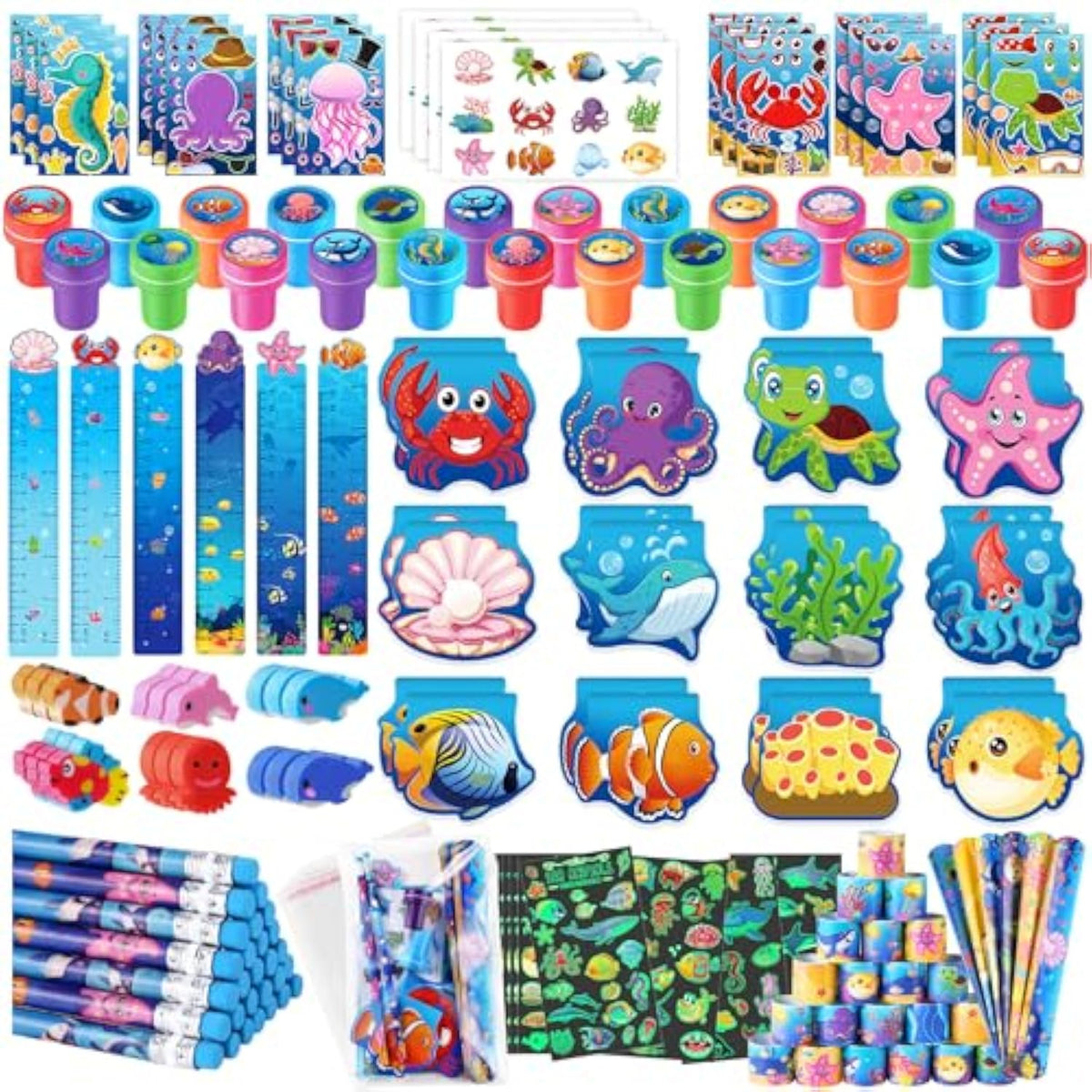 120Pcs Under The Sea Party Favors Ocean Animals Party Stampers Stickers School Stationery Bulk For Kids Sea Shark Birthday Mermaid Party Goodie Bag Stuffer Classroom Gifts Rewards Supplies