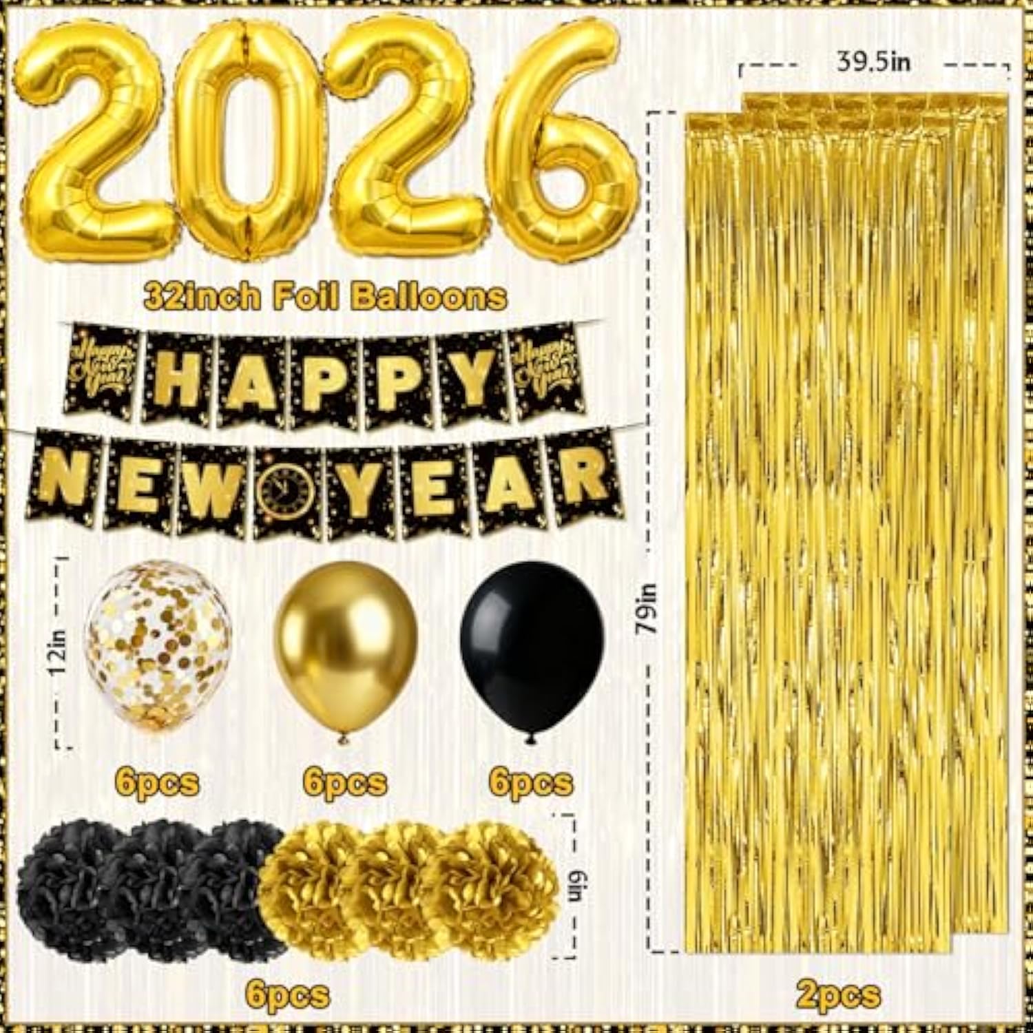 2026 New Year Black and Gold Party Kit with Banner, Props, Curtains, and Balloons