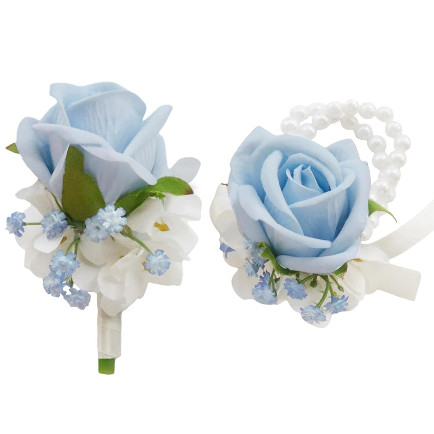 Boutonniere Corsage Set, Artificial Flowers Accessories For Wedding Prom Party Homecoming Celebration Suit Decorations-2 Pieces Light Blue+White