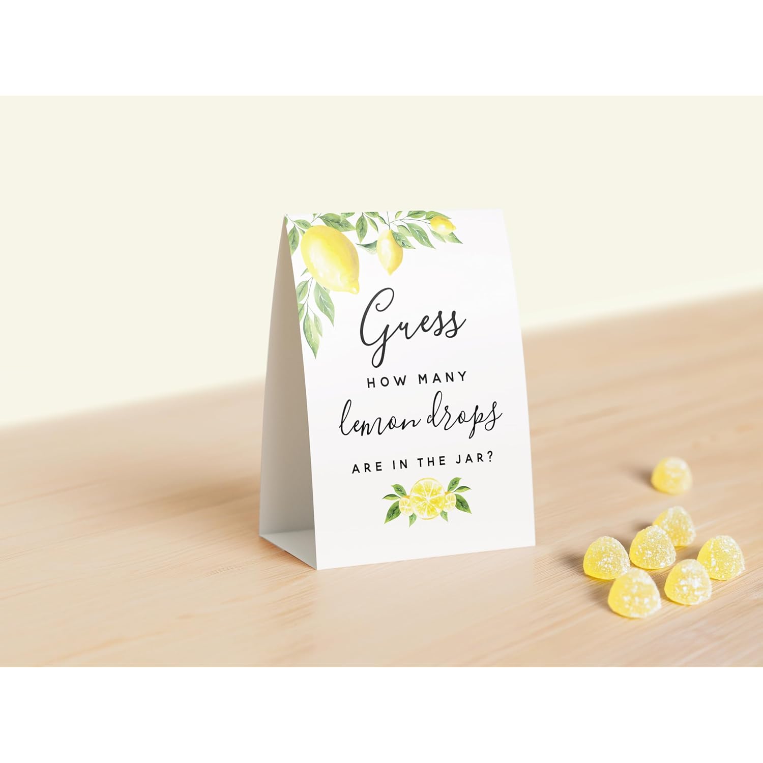 Guess How Many Lemon Drops Game - Perfect For Baby Showers, Weddings, Bridal Showers, Birthdays, And More - Includes 1 Self-Standing Sign And 50 Guessing Cards