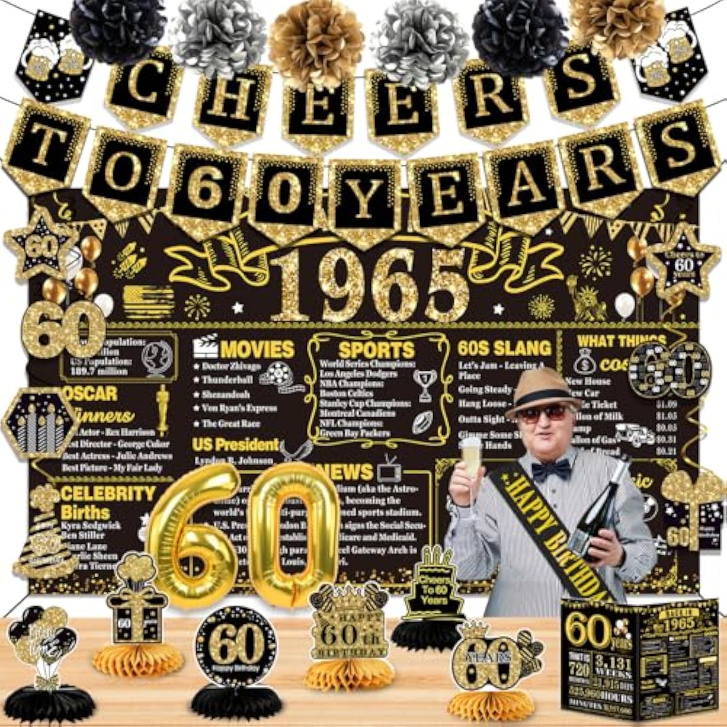 60Th Birthday Decorations For Men Women,24Pcs 1965 Banner Decorations,Including Banner,6 Honeycomb Topper,60 Balloons,Cheers To 60 Years Banner,7 Hanging Swirl,6 Paper Poms,Anniversary Card,Sash