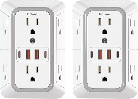 2 Pack Surge Protector Outlet Extender 6 Outlets 4 USB Ports 2 USB C Wall Plug White