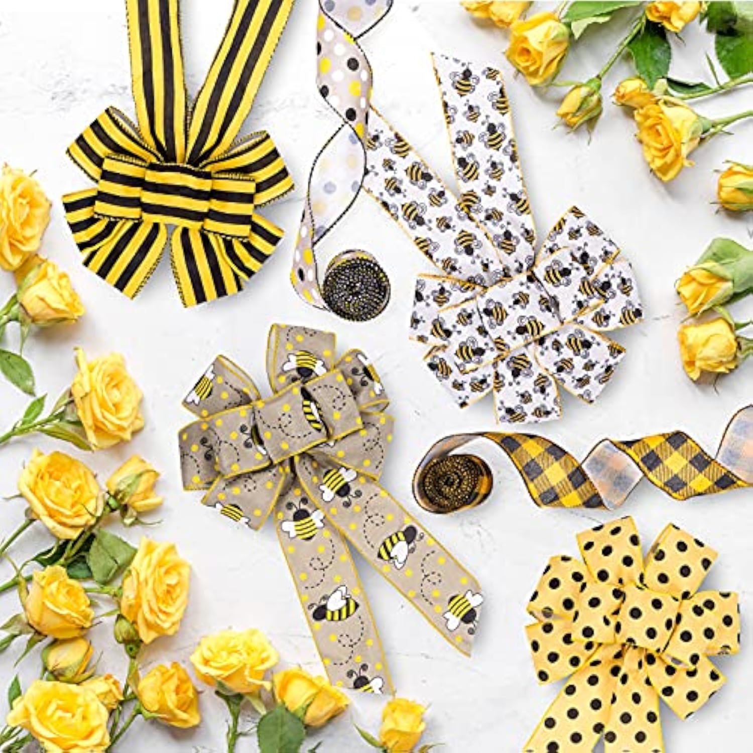 30 Yard Bumble Bee Ribbon 6 Design Yellow Black Dots Plaid Strip Wired