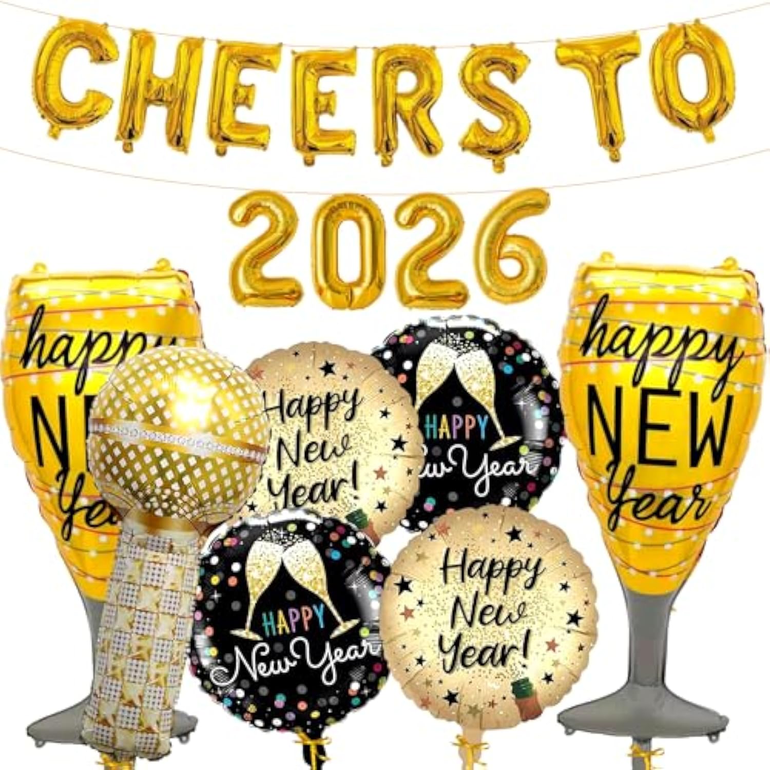19pcs Cheers to 2026 Balloons Wine Glass Microphone Black Gold Party Set