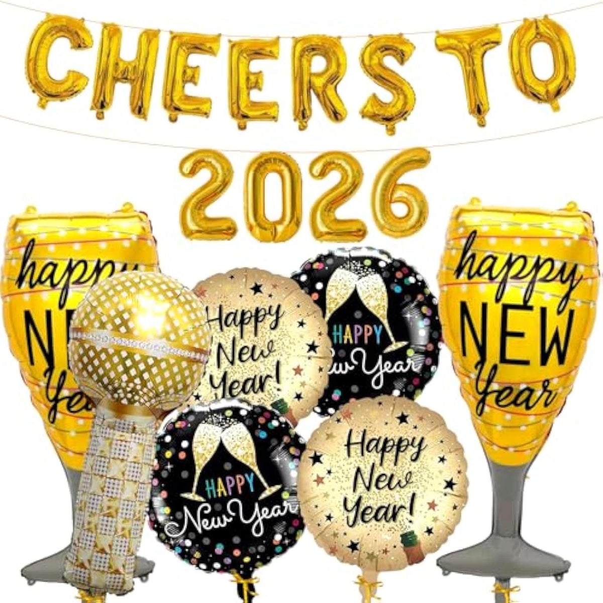 19pcs Cheers to 2026 Balloons Wine Glass Microphone Black Gold Party Set