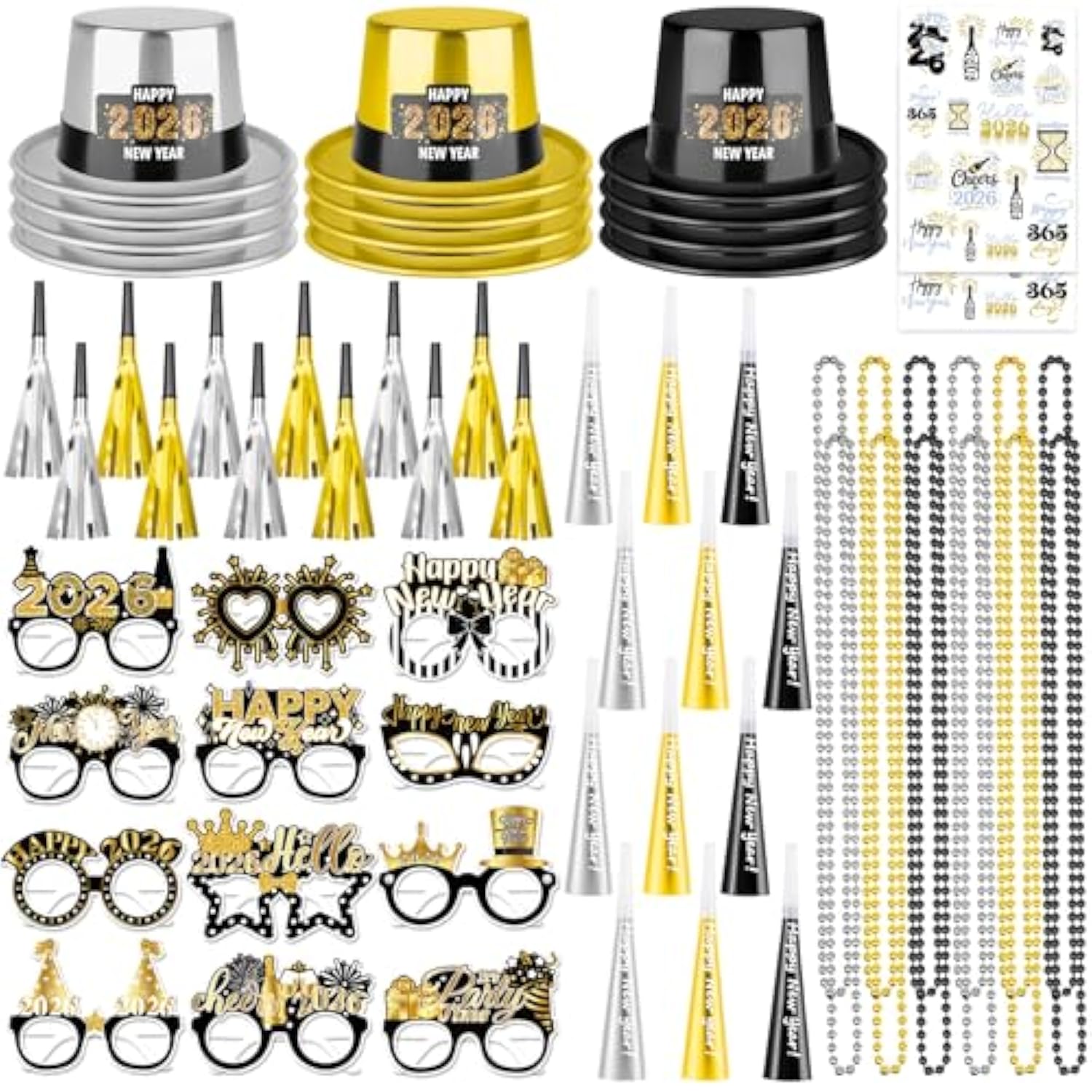 62pcs 2026 New Year Party Supplies Hats Glasses Trumpets Necklaces Stickers