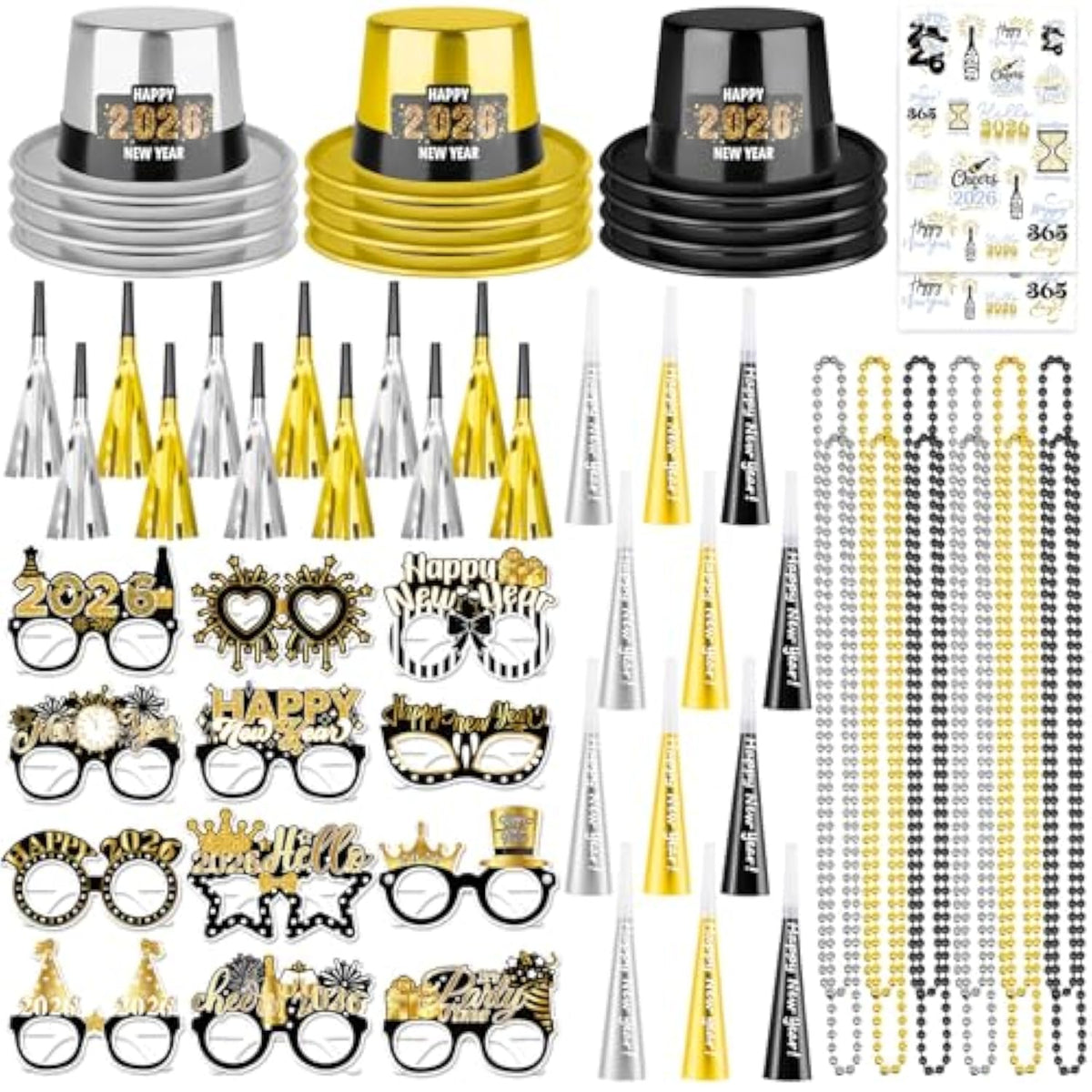 62pcs 2026 New Year Party Supplies Hats Glasses Trumpets Necklaces Stickers