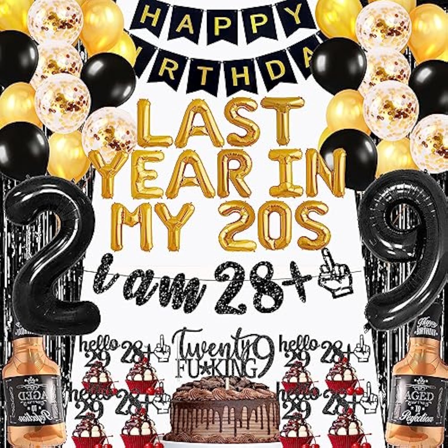 29Th Birthday Decorations Party Supplies For Men Last Year In My 20S Balloons I Am 28+1 Glitter Banner 29Th Birthday Foil Balloons Whiskey Balloon Cake Topper Cupcake Toppers